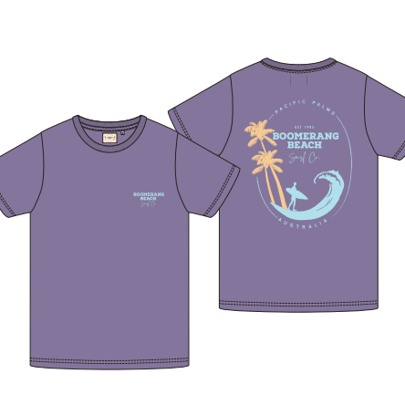 Purple t-shirt with palm tree and wave design on a white background