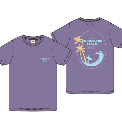 Purple t-shirt with palm tree and wave design on a white background