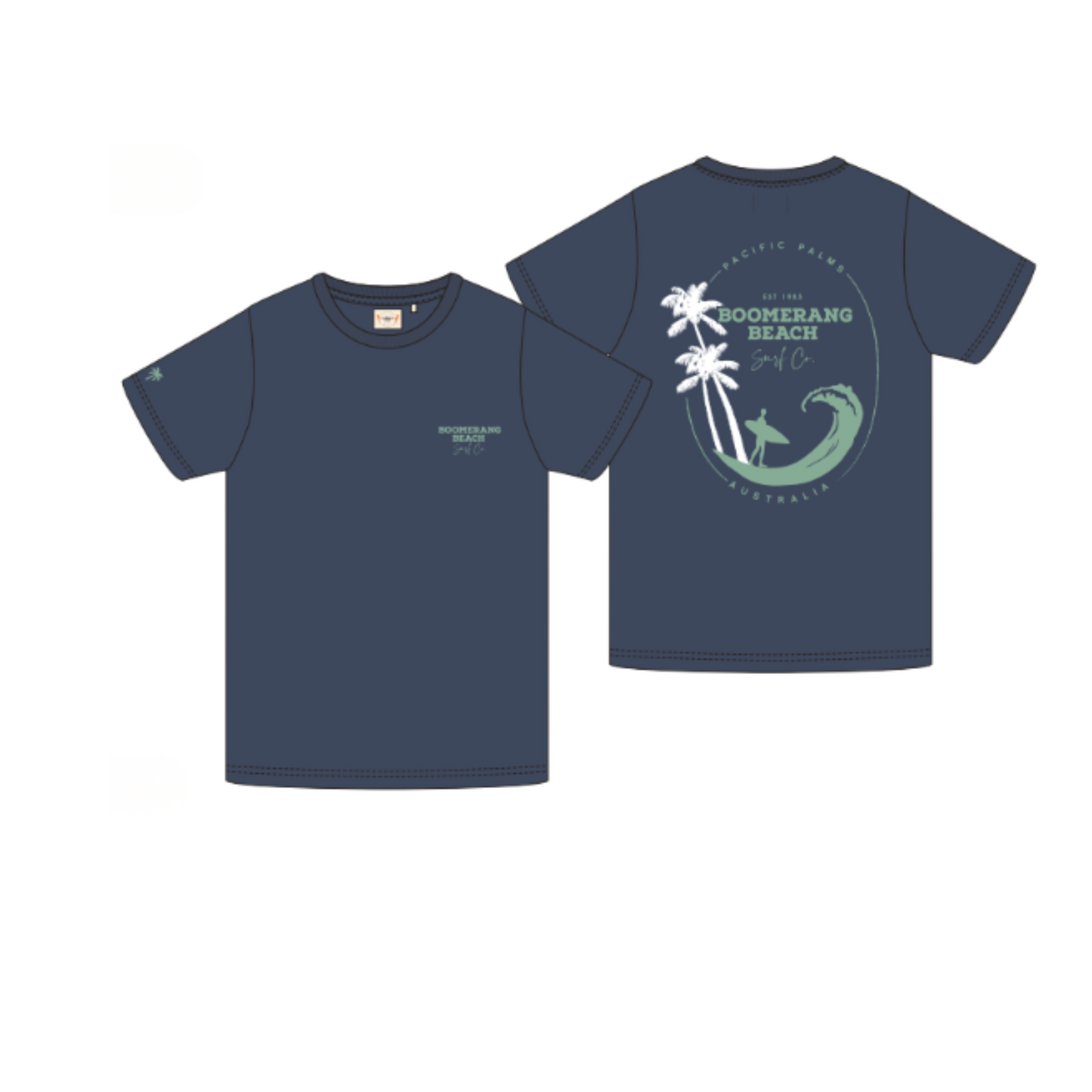 Navy blue t-shirt with a graphic design on the front and back on a white background